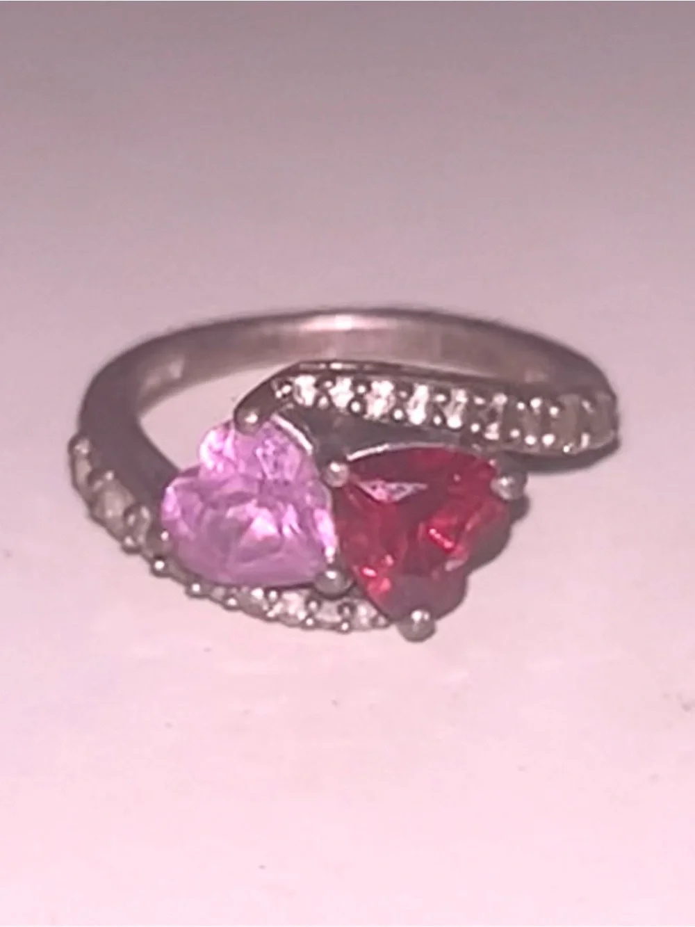 Silver Heart Twin-Stone Pink & Red Ring